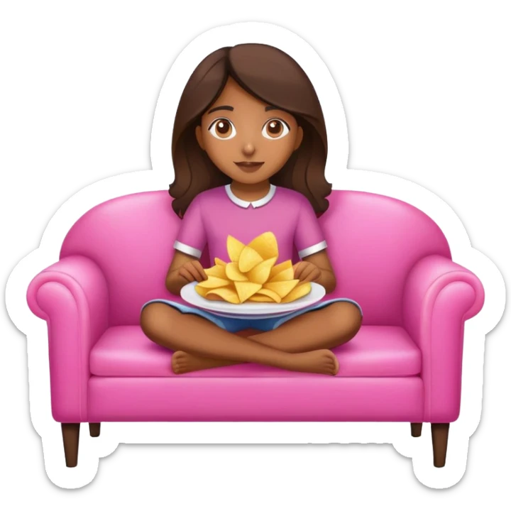 home brown girl with plate of chips, sitting at the pink sofa sticker