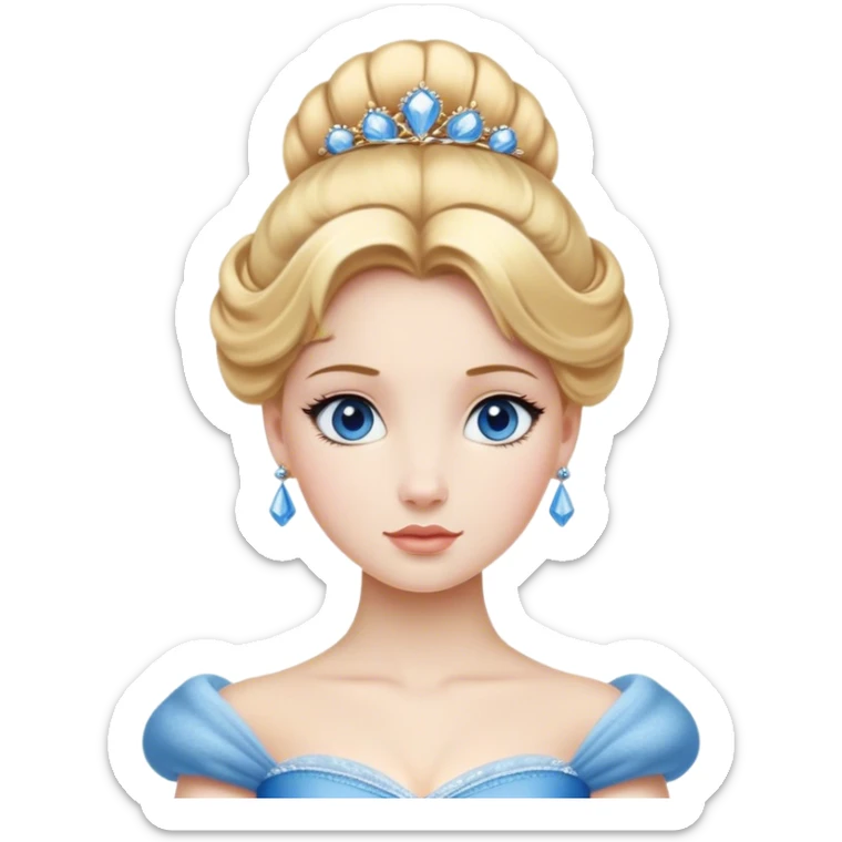 Cinematic Realistic Noble Cinderella Portrait, depicted with porcelain skin rendered in lifelike detail and soft, natural lighting that highlights every delicate nuance. Her intricately styled golden-blonde hair is arranged in an elegant updo, and her deep, expressive blue eyes radiate quiet determination. She wears her classic ball gown with rich fabric textures and delicate folds catching the light beautifully, all set against a subtly glowing, natural background that captures the essence of timeless royal grace. sticker