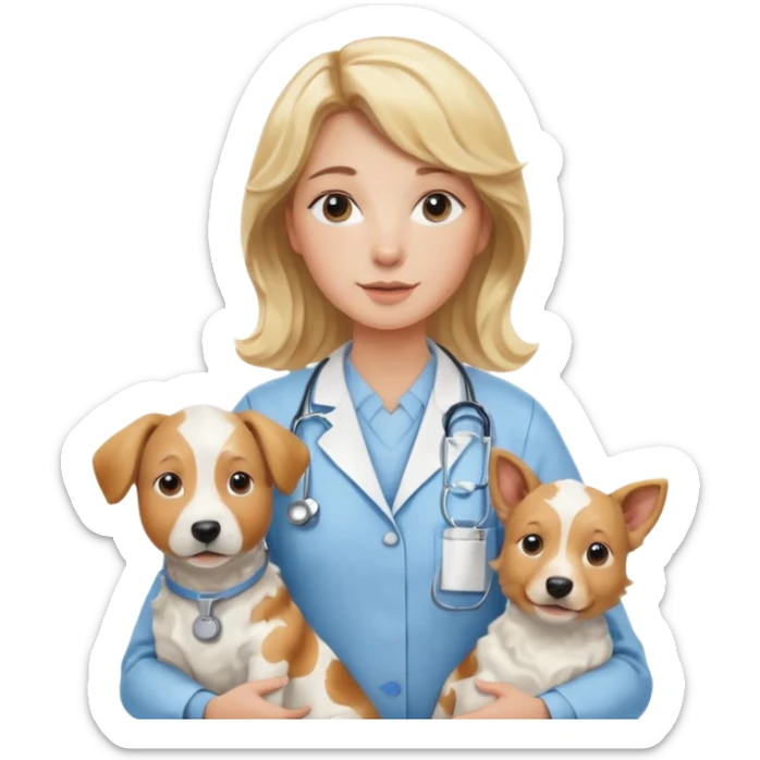 Joven mujer, de cabello bajo los hombros rubio con ondas, veterinaria de perros, vacas y caballos, con traje clínico celeste, sin delantal blanco sticker
