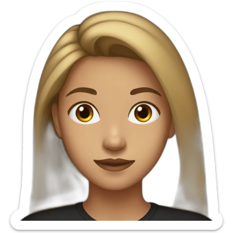 20 year old woman with long light brown hair and long face with olive skin color and black shirt sticker
