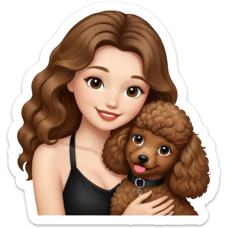 a girl with long balayage hair and long lashes, smiling, wearing black halterneck top, and holding and kissing a brown poodle sticker