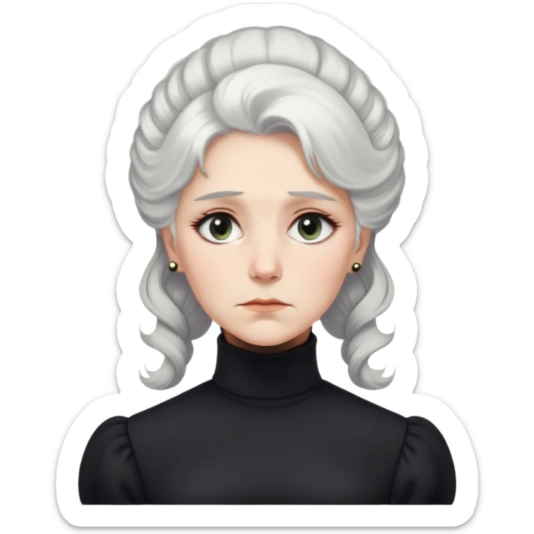 A Victorian woman with elegant coiffed white hair and light eyes wearing a modest unaccessorized black turtleneck mourning dress looking down with a forlorn expression sticker