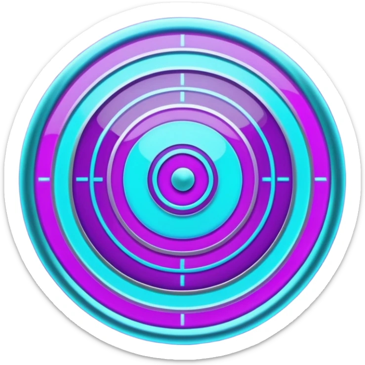 Futuristic glowing bullseye target emoji, neon purple and cyan holographic glow, dark background, digital tech style, abstract sparkles, no face. sticker