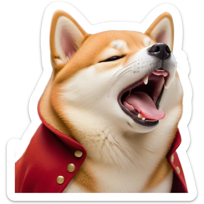 Cinematic Cute Yawning Shiba Inu Portrait Emoji, Head tilted slightly with a dramatic, wide-open yawn, showcasing a vibrant red coat with a soft creamy underbelly, floppy ears slightly drooping, round brown eyes barely open in drowsy contentment, Simplified yet irresistibly adorable features, highly detailed, glowing with a soft, cozy glow, high shine, relaxed yet expressive, stylized with a touch of whimsy, bright and endearing, soft glowing outline, capturing the essence of a sleepy yet affectionate companion, so drowsy it feels like it could stretch out of the screen and curl up for a nap! sticker
