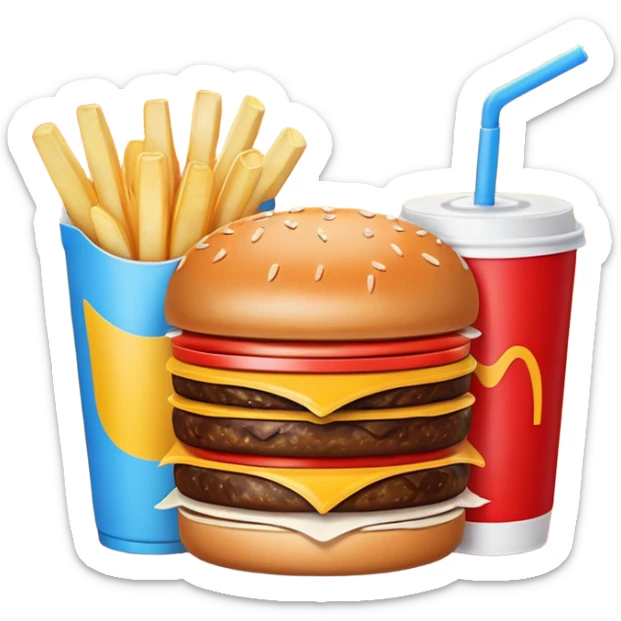 A clean and simple icon of fast food in emoji-style illustration. A burger with fries and a soda cup, bright and bold colors, simple shapes, flat design, high contrast, inviting and appetizing. sticker