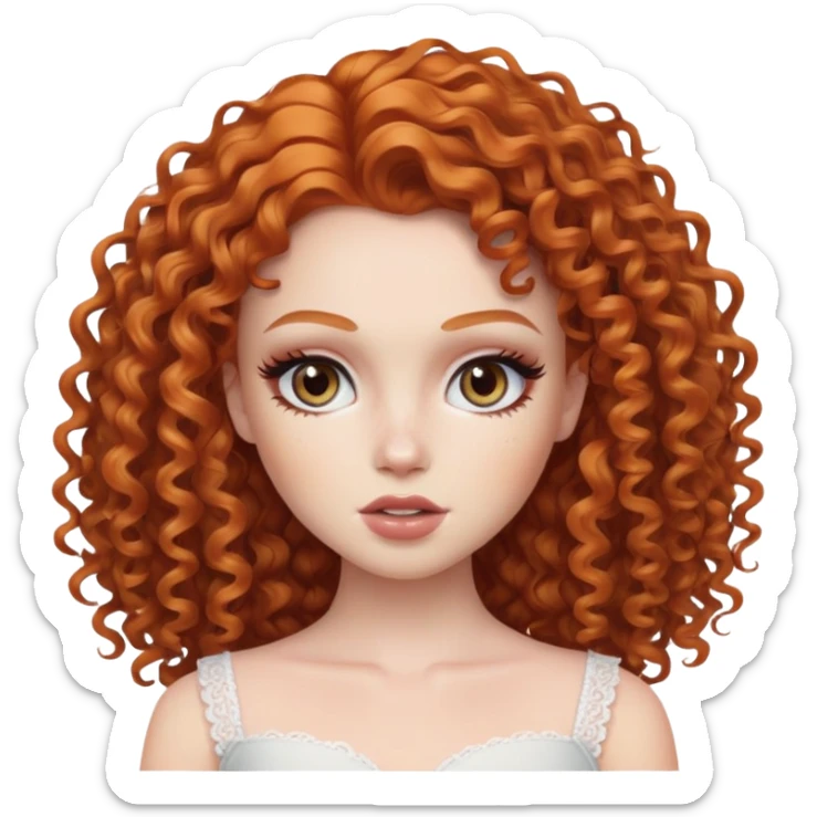 ginger curly hair, pretty eyes, pale skin, pretty makeup, pretty bratz baddie sticker