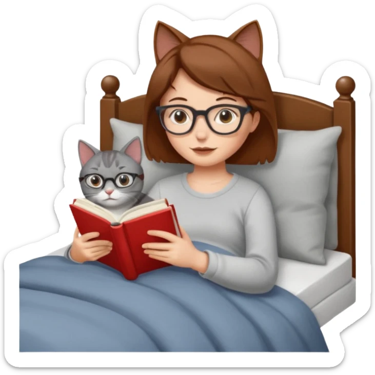 A girl is lying in bed. She has short chestnut hair styled neatly, is wearing glasses, and is reading a book. A grey cat is lying on her legs. sticker