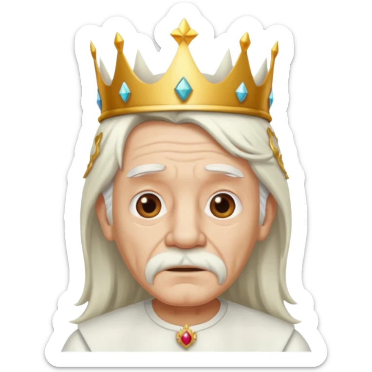 old man with long white hair and no moustache wearing a white shirt and a crown sticker