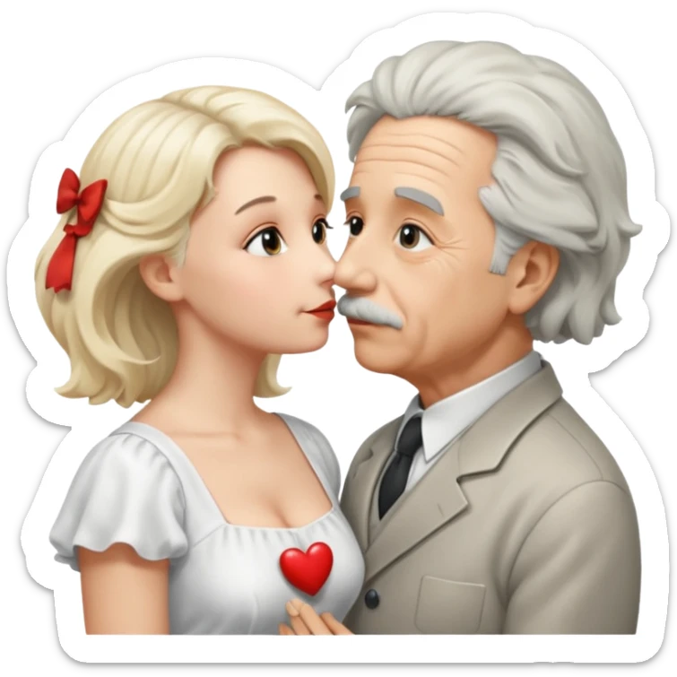 albert einstein with sticking up hair kissing a blonde woman sticker
