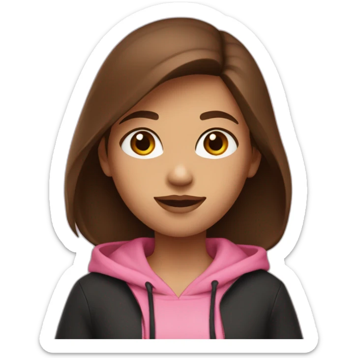 A girl with middle brown hair and brown eyes who wearing black hoodie and a pink jeans sticker