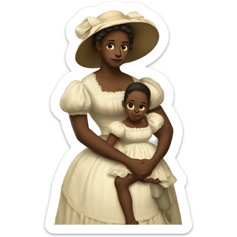 A 19th century woman with a child in her arms. There is a big letter "A" on the dress sticker