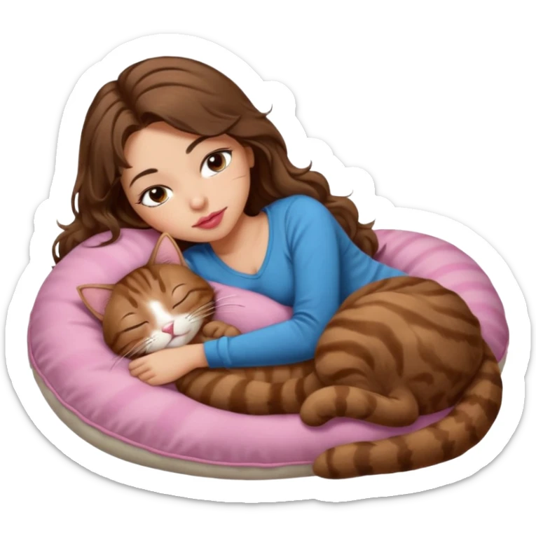 girl with long wavy brown hair, brown eyes, long lashes makeup, sexy pink lips, light to medium complexion,  sleeping on a cozy pillow, with brown tabby cat, sleeping sticker