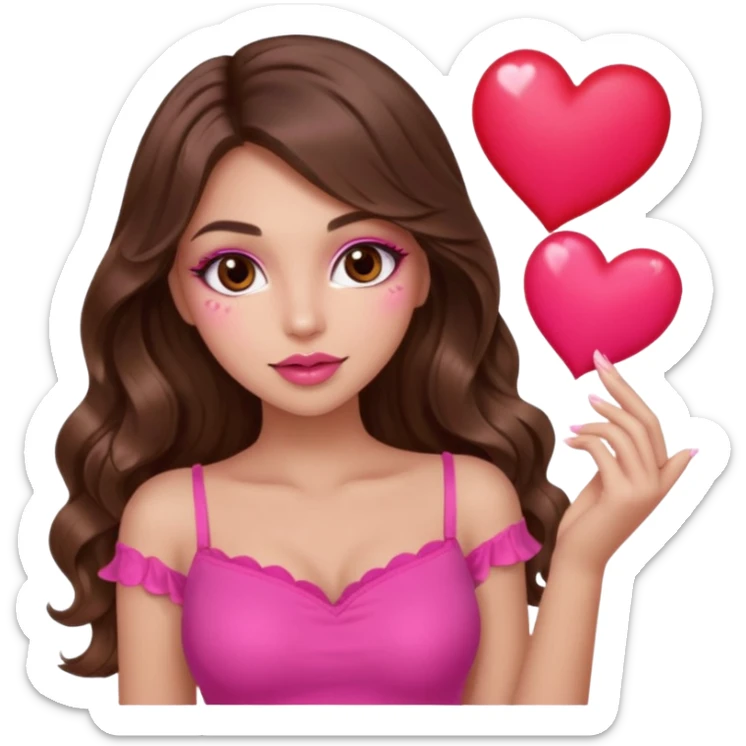 girl with long wavy brown hair, brown eyes, long lashes makeup, sexy pink lips, light to medium complexion, wearing a pink sexy top, many  hearts in hand sticker