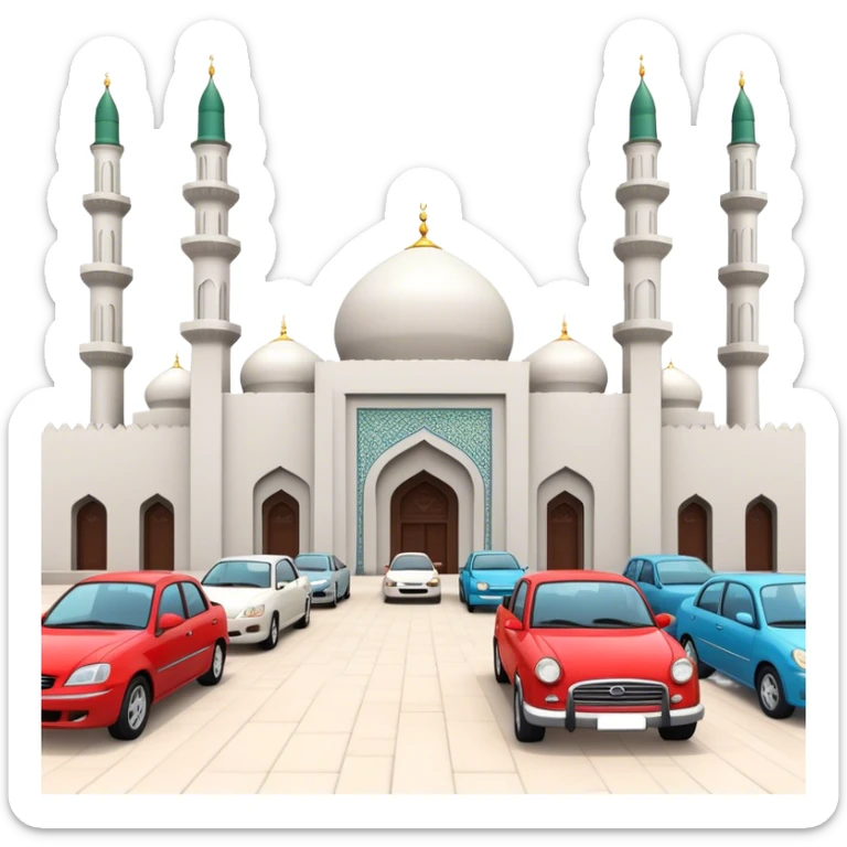 a view of cars parked in an orderly fashion outside a simple mosque. sticker