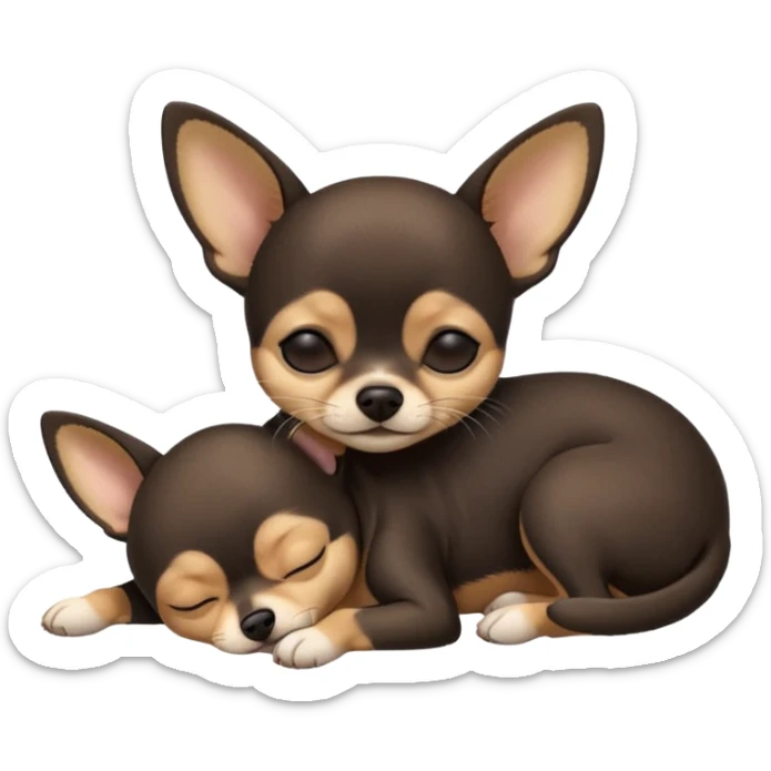 A high-resolution photo-realistic digital illustration of a  black with a bit of tan chihuahua with eyes closed shut sleeping lazily on the ground sticker