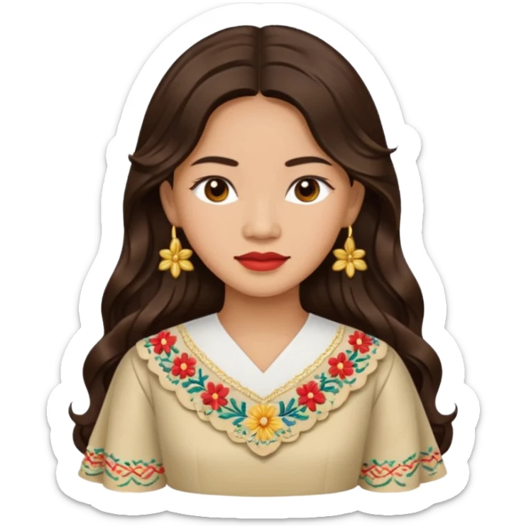 Filipino woman with long dark wavy hair parted in the middle wearing a traditional filipiniana sticker