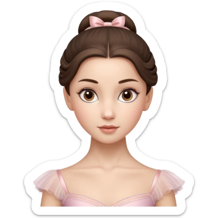 Cinematic Realistic ballerina Portrait, depicted with lifelike skin texture, subtle rosy undertones, and soft natural lighting that enhances the gentle contours of her face. Her intricately detailed sweet brunette hair is elegantly styled, sticker