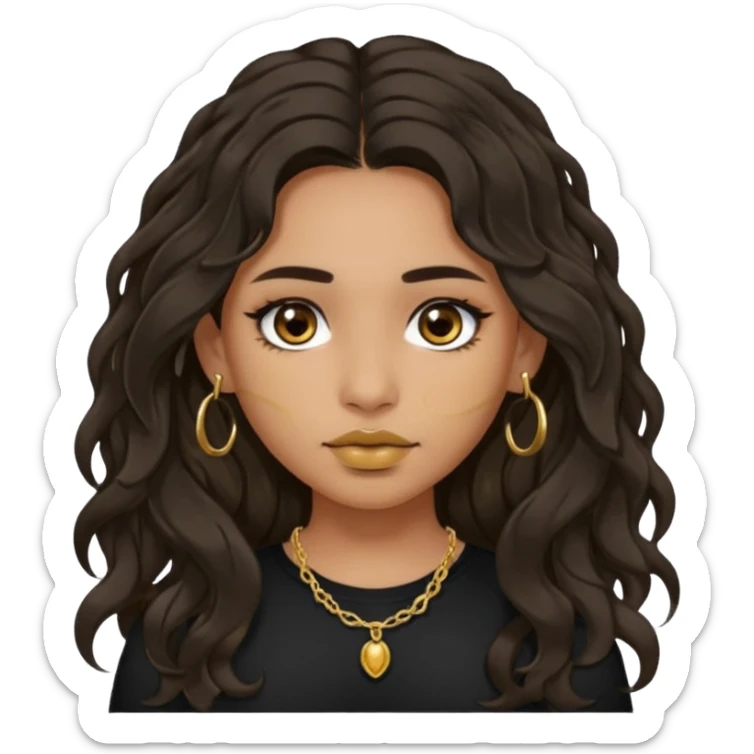 Girl with olive skin, very dark brown eyes and dark wavy long hair. wearing black shirt and gold septum ring sticker