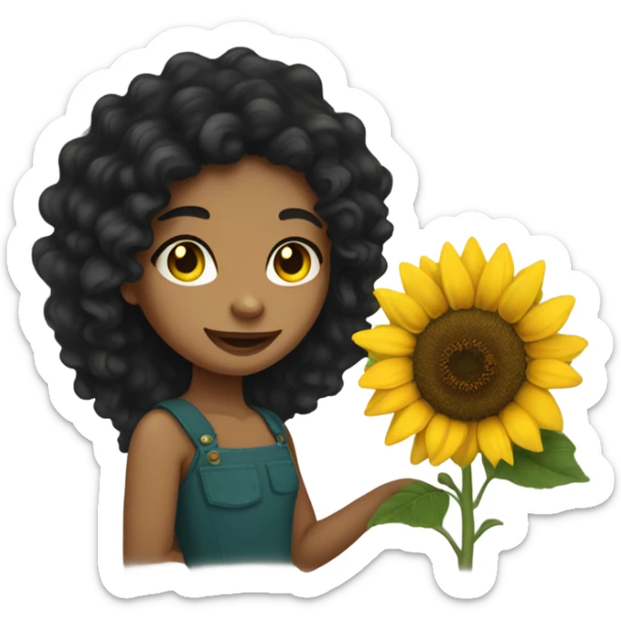 Long black Curly hair Girl holding sunflower . Her skin is tan she’s very pretty with cat eyes sticker