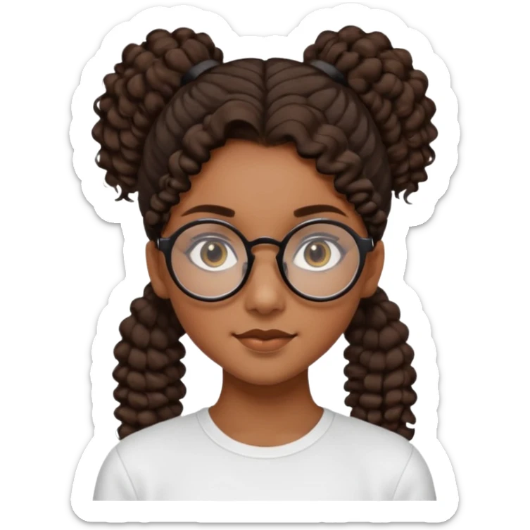 chica morena de ojos claros con gafas negras exagonales redondeadas. y pelo rizado castaño con todo el pelo recogido en una coleta .. Con todo el pelo recogido un clen look solamente una coleta tiene 16 años sticker