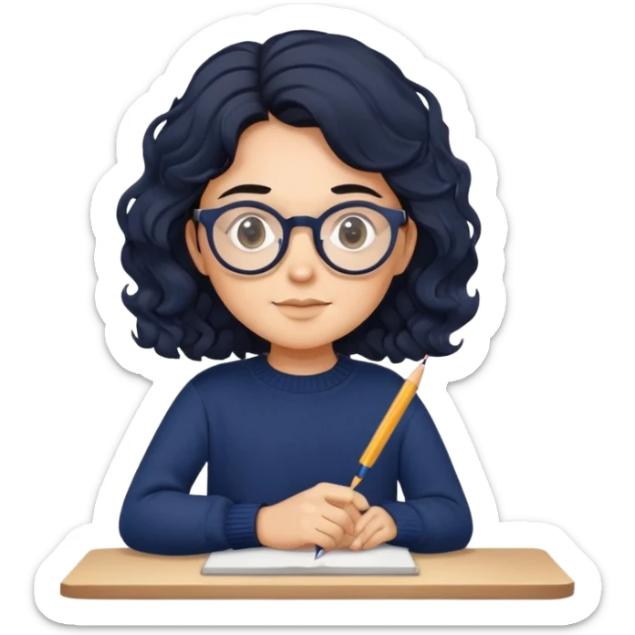 Reliable-looking designer with wavy black hair, round glasses, navy blue sweater, organized, holding pen with competent expression sticker