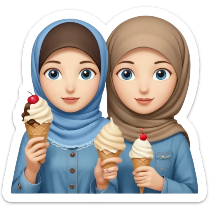 Turkish beautiful finish Konya two girls blue eyes with beige denim hijab islamic dress and had on her hand ice cream sticker