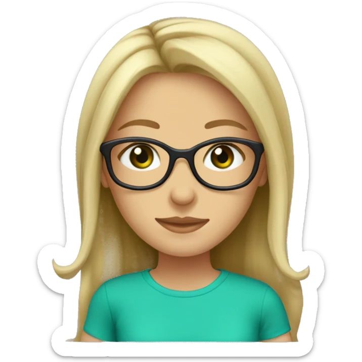 Girl, brown hair, blonde highlishts, green eyes, glasses, turquoise t-shirt sticker