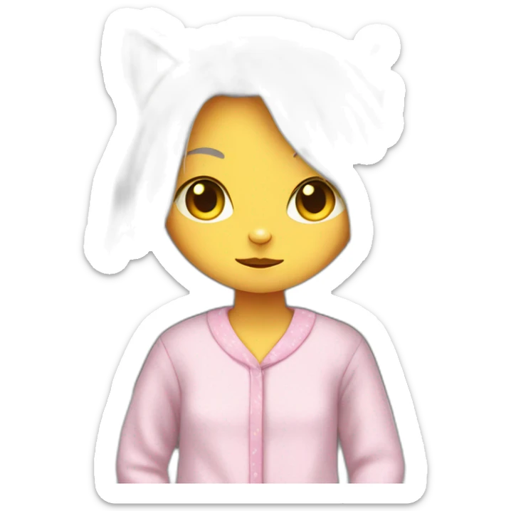 Cat-girl with long white hair yellow eyes in pajamas hiding sticker