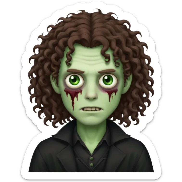 long curly haired male zombie with brown hair color and green eye color, with dark vampire clothes sticker