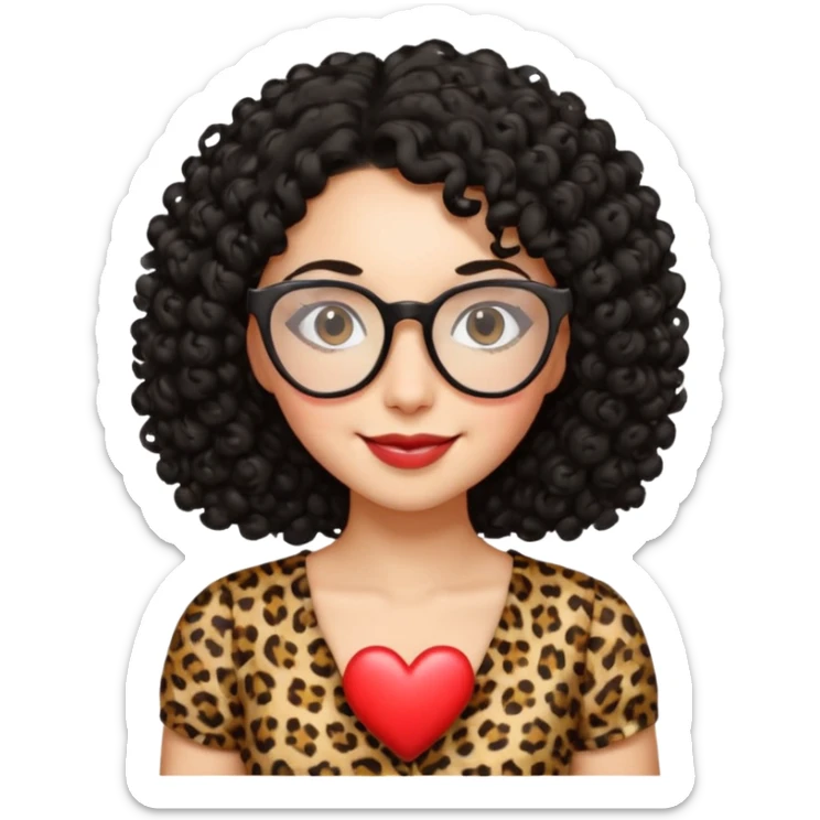 A women with a black curly hair and heart glasses, leopard print dress sticker