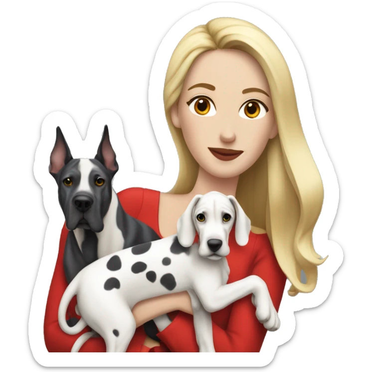 Harlequin Great Dane with woman in red clothes with long blonde hair sticker