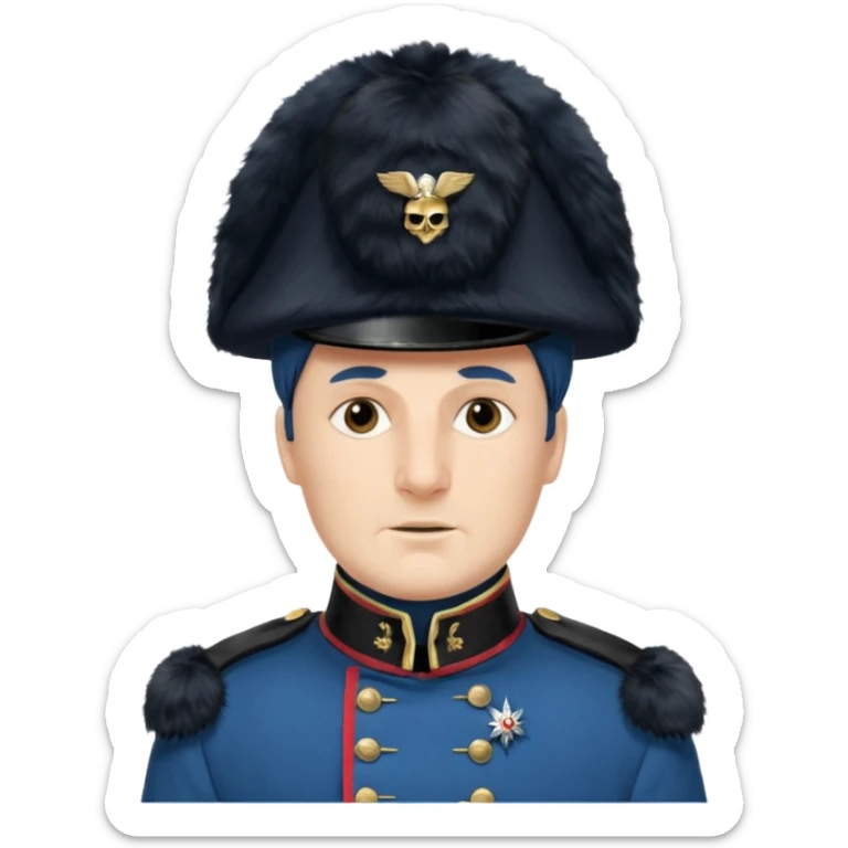 Vieille Garde soldier Napoleonic era blue uniform bearskin hat standing at attention simple expressive face sticker