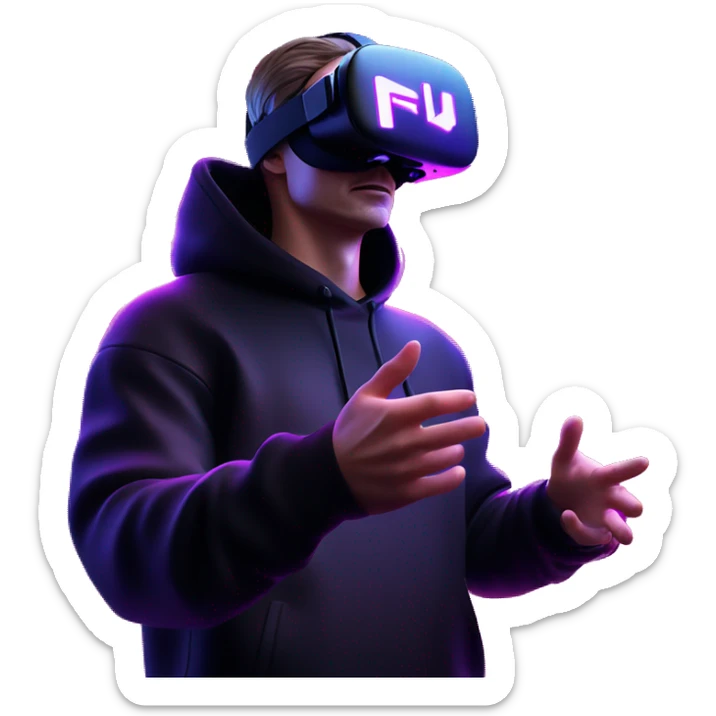 Russian man wearing a black hoodie with "OMG" letters on it and VR headset oculus quest 2 in a cyberpunk VR environment with violet neon lighting. Showing direction with hand sticker