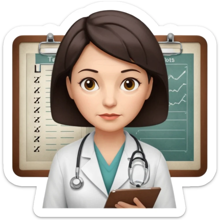 A female doctor in her 50s with visible facial wrinkles, dark brown short bob hair, her body turned slightly at an angle, with her gaze clearly directed downward and fixed on the medical chart she is reviewing. sticker
