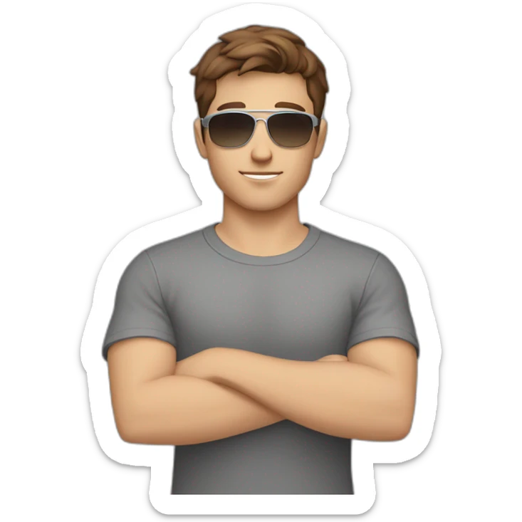 young white male with brown hair and brown eyes, wearing grey T-shirt, having pilot sunglasses and silver watch, while having crossed arms sticker