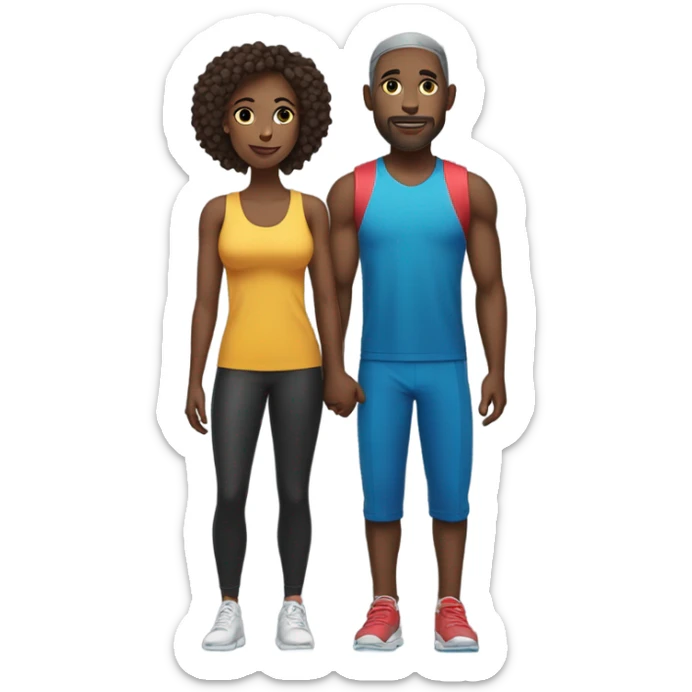 Emoji of a sporty couple, a man and a woman in athletic outfits, standing together in full body, holding hands, with Valentine's D sticker