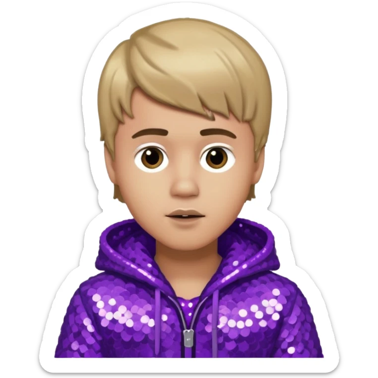 Justin Bieber with light skin, dark blonde hair, purple sequin outfit sticker