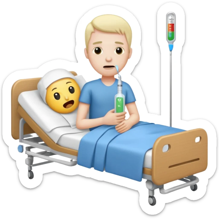 man sick in hospital bed full body thermometer in mouth emoji style tissues nearby sticker