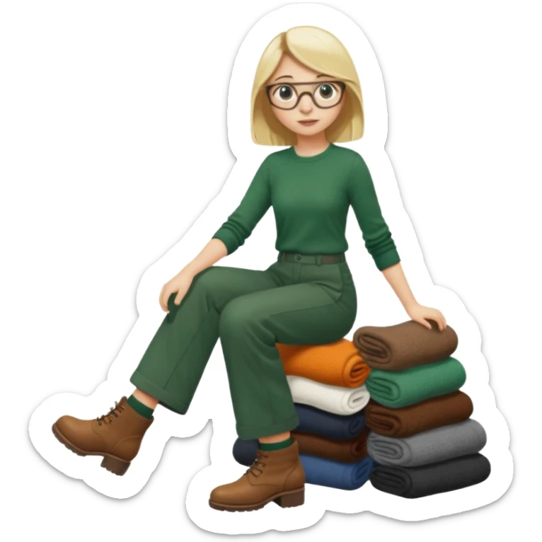 Fille blonde, pantalon ample vert foncé. Lunettes ronde fine. Bottines marrons. Elle pousse une cargaison de chaussettes  sticker