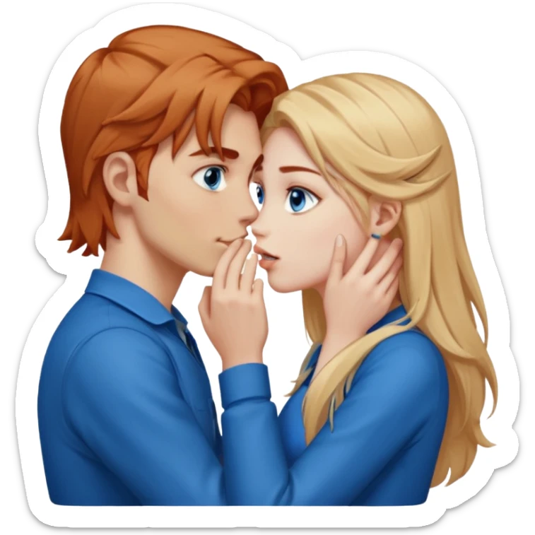 long blonde hair blue eyed gamer girl pink facing a reddish brownish hair, blue eyed, white male whose holding her face kissing  sticker