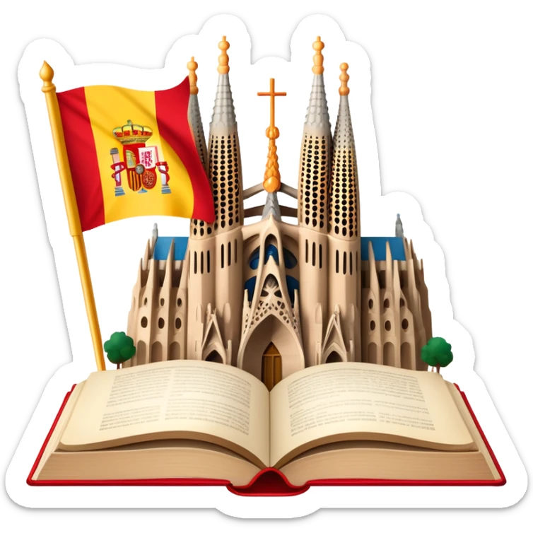An icon featuring the Sagrada Familia and the flag of Spain, symbolizing the Spanish language. The design includes an open book with Spanish text and flamenco dancers, representing language learning and cultural heritage. Transparent background sticker