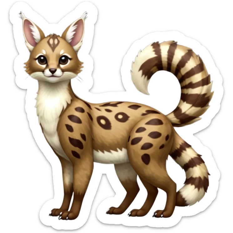 Colorful dark realistic chocolate-brown tropical beige fur glorious divine exotic cute cool beautiful shiny beautiful fantasy-Furret-Eevee-caracal-civet-genet-sergal-vernid-Cacomistle-oncilla-animal-Fakémon-hybrid-fursona with white deer-spots pattern markings (full body) sticker