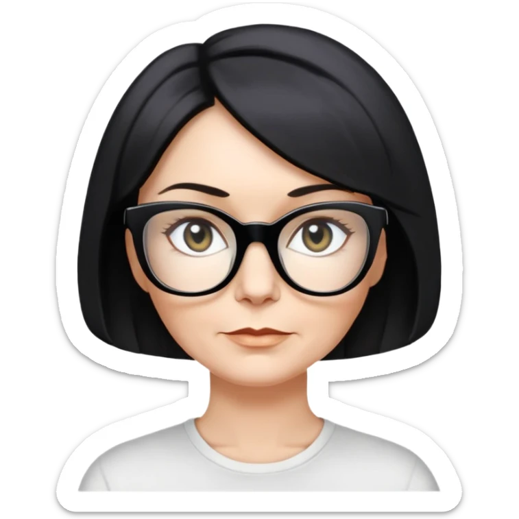 white woman about 50 years old with light warm skin, short black bob haircut to neck with slight waves at ends, neutral determined expression, large black shiny butterfly or cat-eye glasses, white casual t-shirt, calm and creative energy sticker