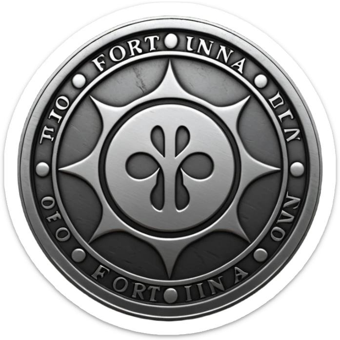 Minimal emoji, gothic metal coin made of black steel, engraved word FORTUNA at the center, ancient industrial aesthetic, worn metal texture, no glow, no neon, flat emoji design, centered, transparent background sticker