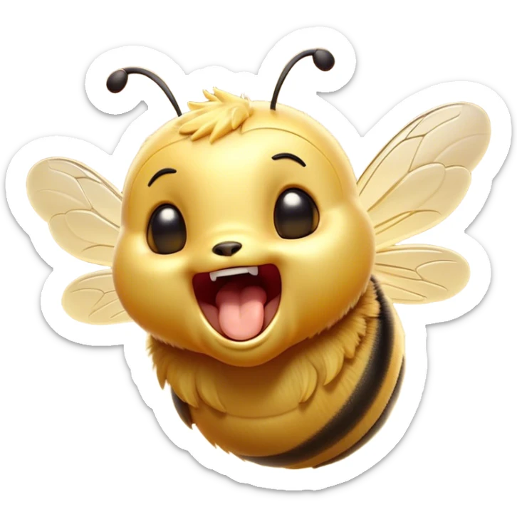 Cinematic Adorable Yawning Bee Portrait Emoji, Head tilted slightly with a dramatic, wide-open yawn, showcasing a tiny, fuzzy body with gently drooping wings and sleepy, half-closed eyes, Simplified yet irresistibly cute features, highly detailed, glowing with a soft, cozy golden glow, high shine, relaxed yet expressive, stylized with a dash of whimsical honey charm, soft glowing outline, capturing the essence of a drowsy bee that appears ready to stretch out for a nap! sticker