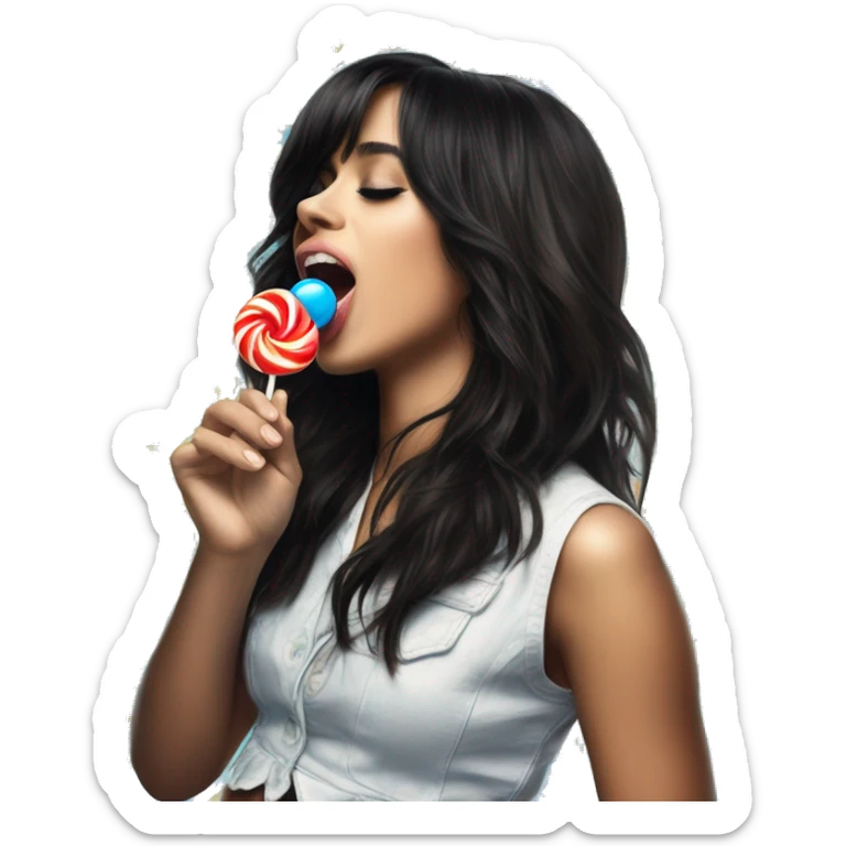 singer Camila Cabello in her CXOXO album cover, licking a blue lollypop sticker