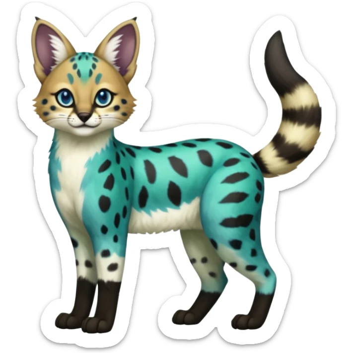 Cobalt-Blue green turquoise black white Purloin-serval-furret-Noibat-caracal-fusion-hybrid-creature (full body) sticker