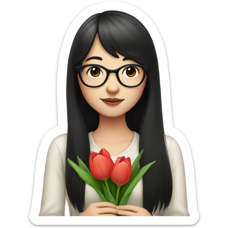 asian pale skin girl with long black hair and bangs and glasses holding tulips sticker