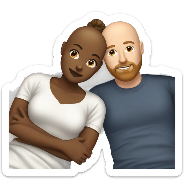 Bald brown woman and bearded white man with a top knot laying in bed together  sticker