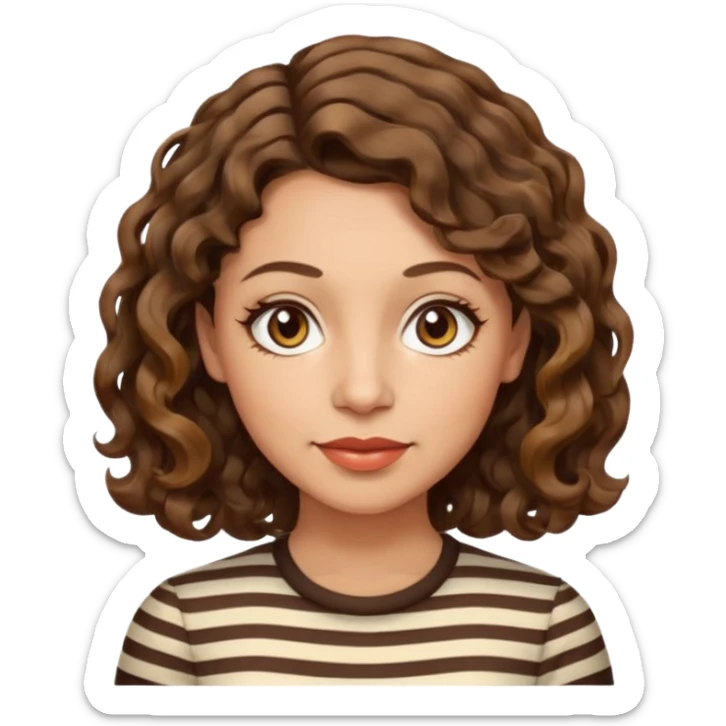 woman, 40s, chin-length wavy/curly/unruly brown-ish, few white stripes hair, hazel eyes, light skin sticker